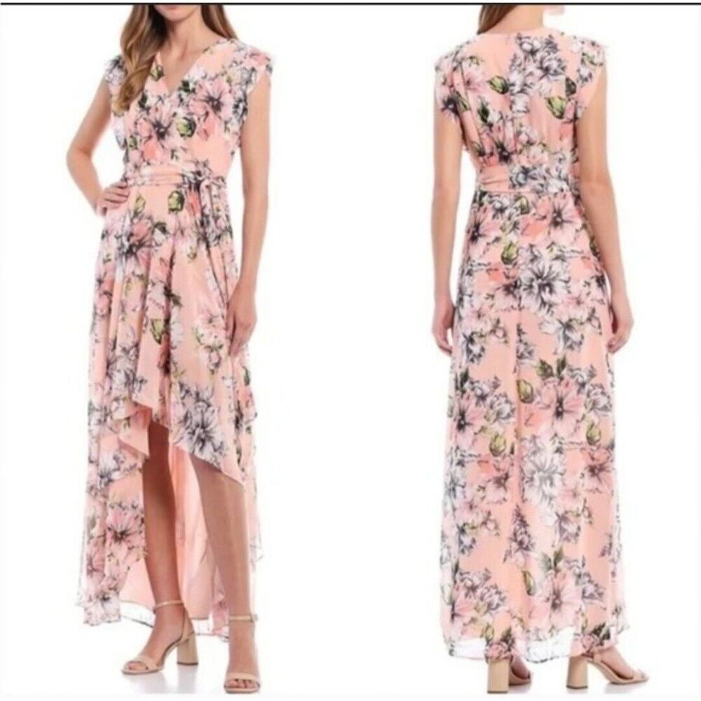 Eliza J‎ Maxi Dress Womens 2 Blush Pink Floral High Low Hem Short Sleeve Wedding